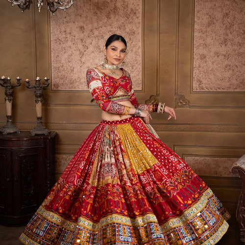 Red-Yellow Hit Navratri Printed Mirror Work Chaniya Choli
