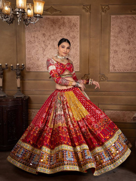 Red-Yellow Hit Navratri Printed Mirror Work Chaniya Choli