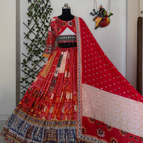 Red-Yellow Hit Navratri Printed Mirror Work Chaniya Choli