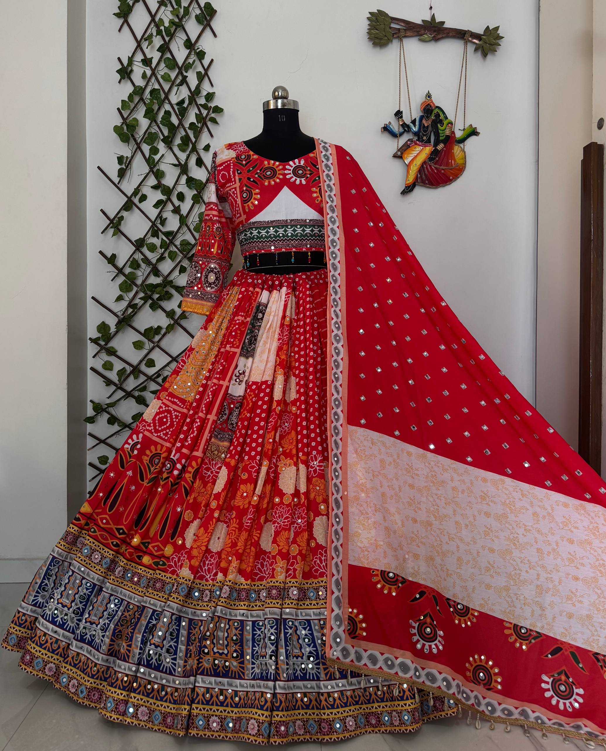 Red-Yellow Hit Navratri Printed Mirror Work Chaniya Choli