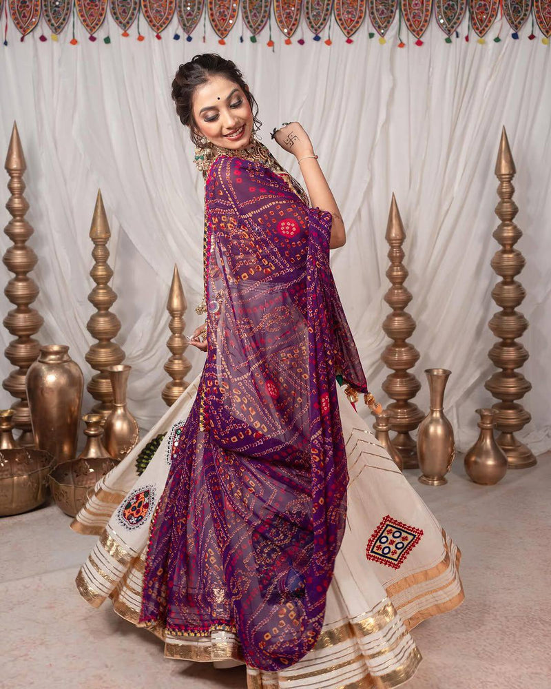 Peach Color Navratri Trendy Hit Printed Mirror Work Lehenga