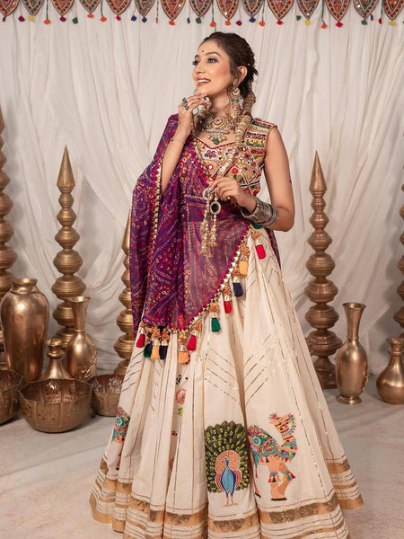 Peach Color Navratri Trendy Hit Printed Mirror Work Lehenga