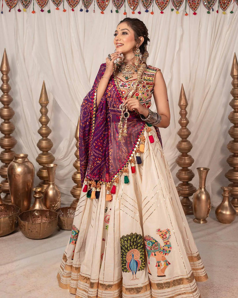Peach Color Navratri Trendy Hit Printed Mirror Work Lehenga