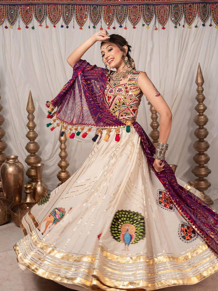 Peach Color Navratri Trendy Hit Printed Mirror Work Lehenga