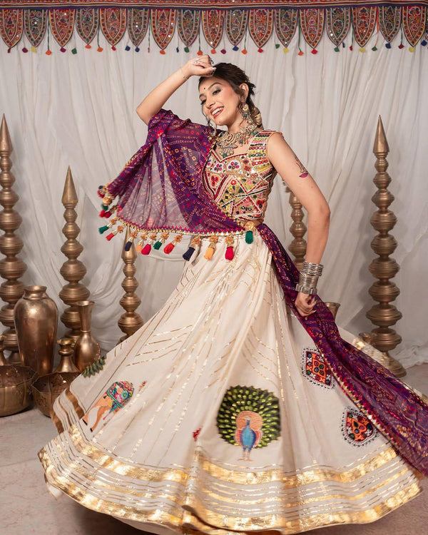 Peach Color Navratri Trendy Hit Printed Mirror Work Lehenga