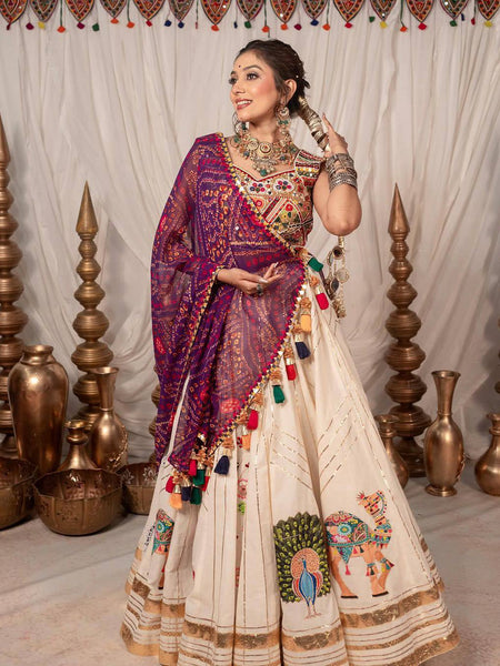 Peach Color Navratri Trendy Hit Printed Mirror Work Lehenga