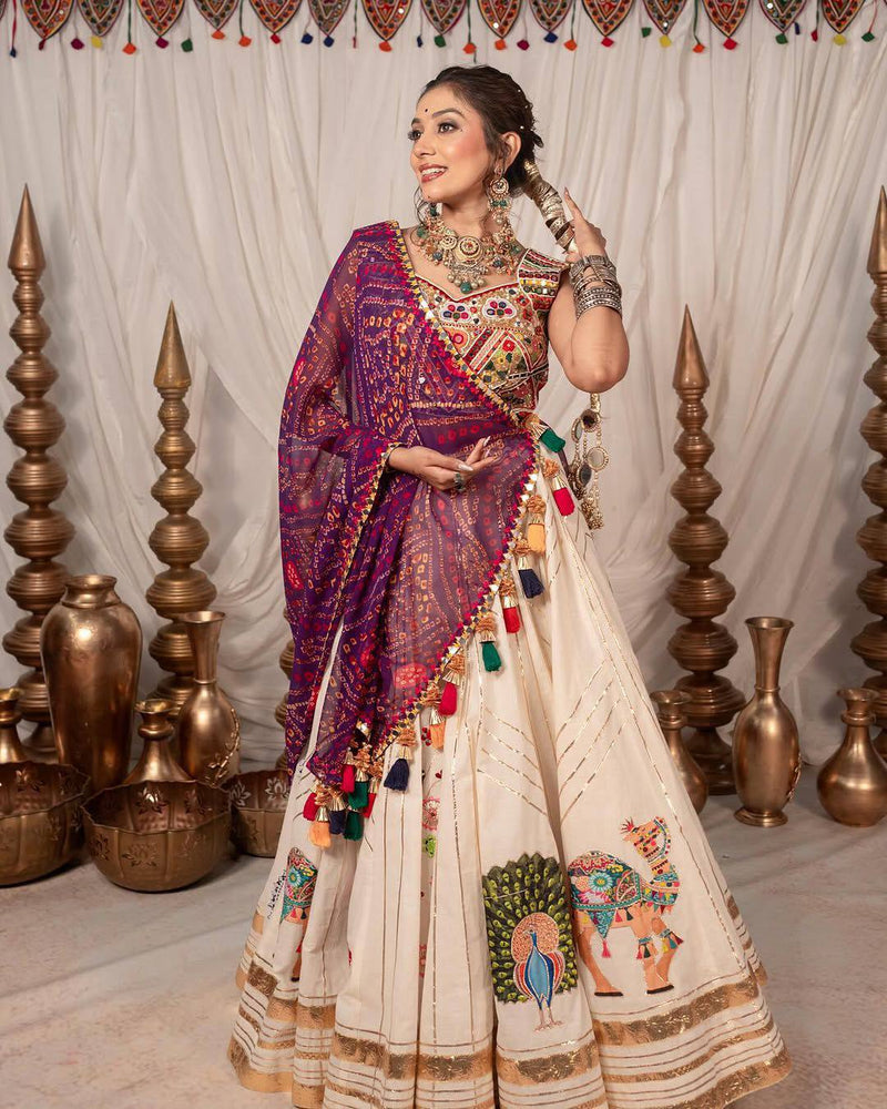 Peach Color Navratri Trendy Hit Printed Mirror Work Lehenga