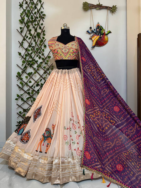 Peach Color Navratri Trendy Hit Printed Mirror Work Lehenga