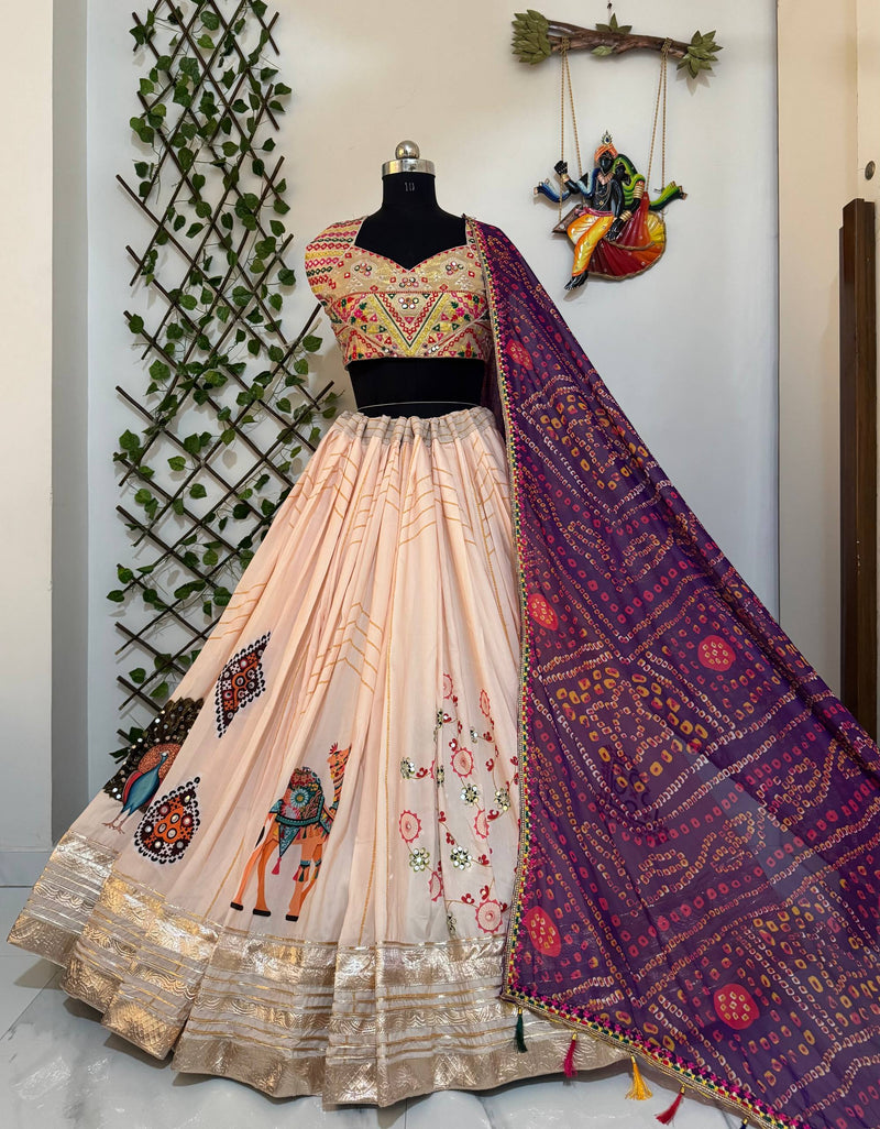 Peach Color Navratri Trendy Hit Printed Mirror Work Lehenga