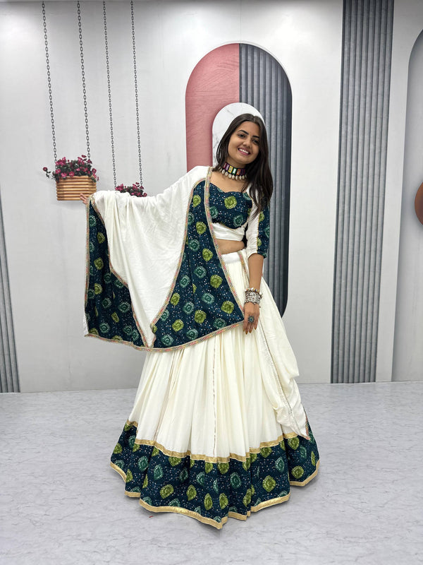White Color Trendy Navratri Rayon Cotton Ready to Wear Lehenga