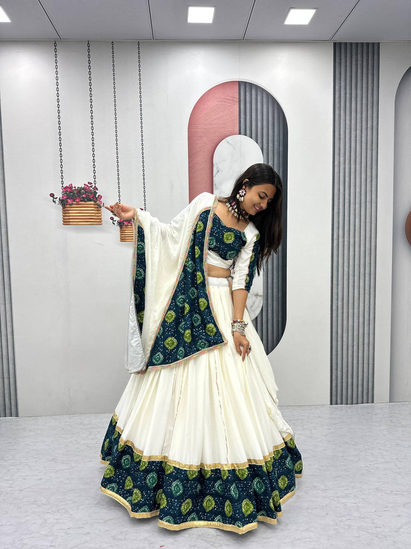 White Color Trendy Navratri Rayon Cotton Ready to Wear Lehenga