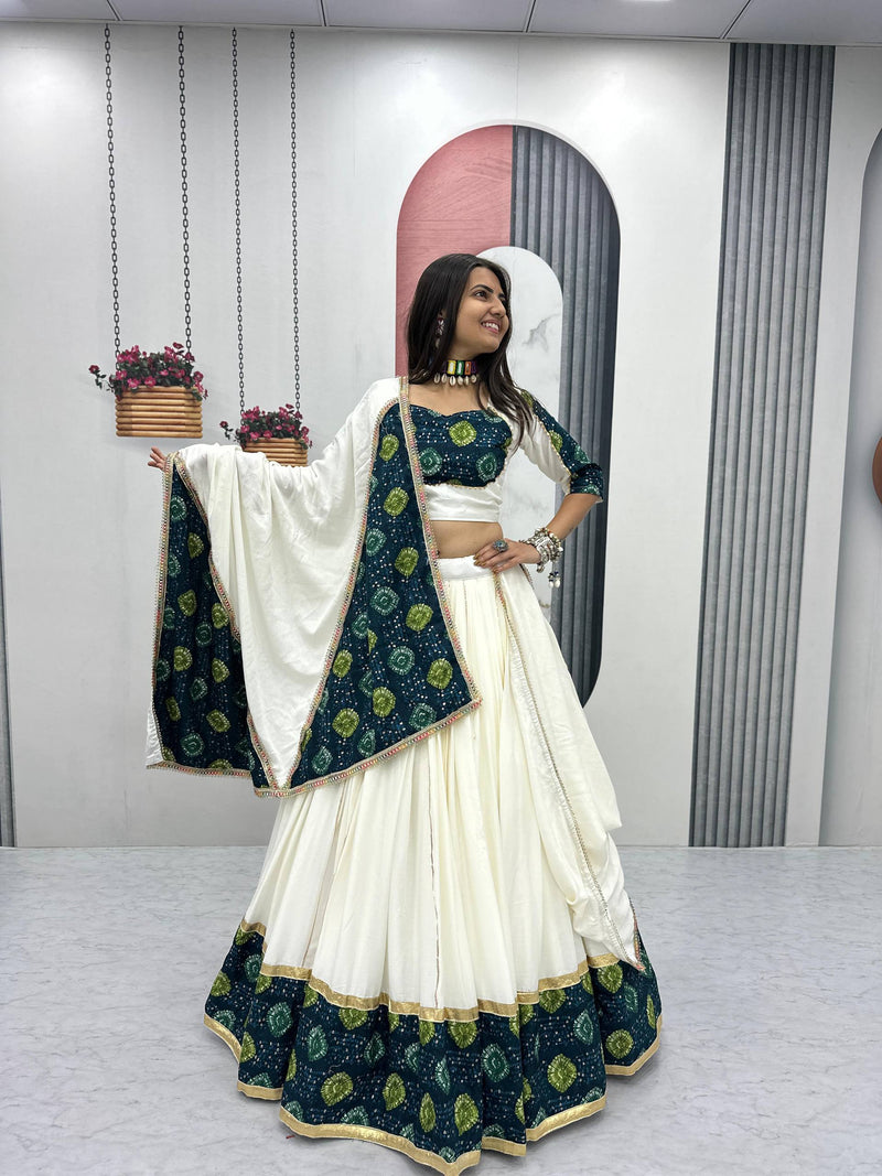 White Color Trendy Navratri Rayon Cotton Ready to Wear Lehenga