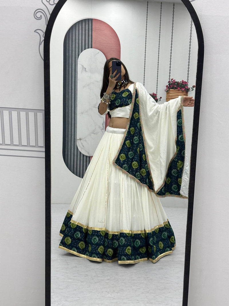 White Color Trendy Navratri Rayon Cotton Ready to Wear Lehenga