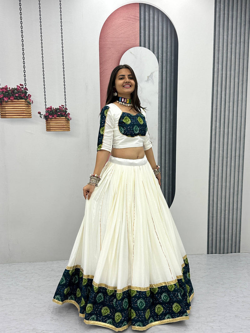 White Color Trendy Navratri Rayon Cotton Ready to Wear Lehenga