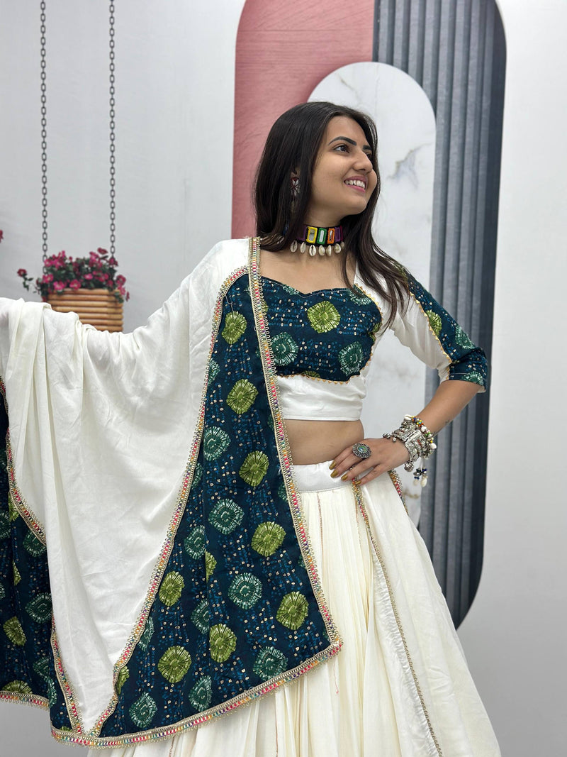 White Color Trendy Navratri Rayon Cotton Ready to Wear Lehenga