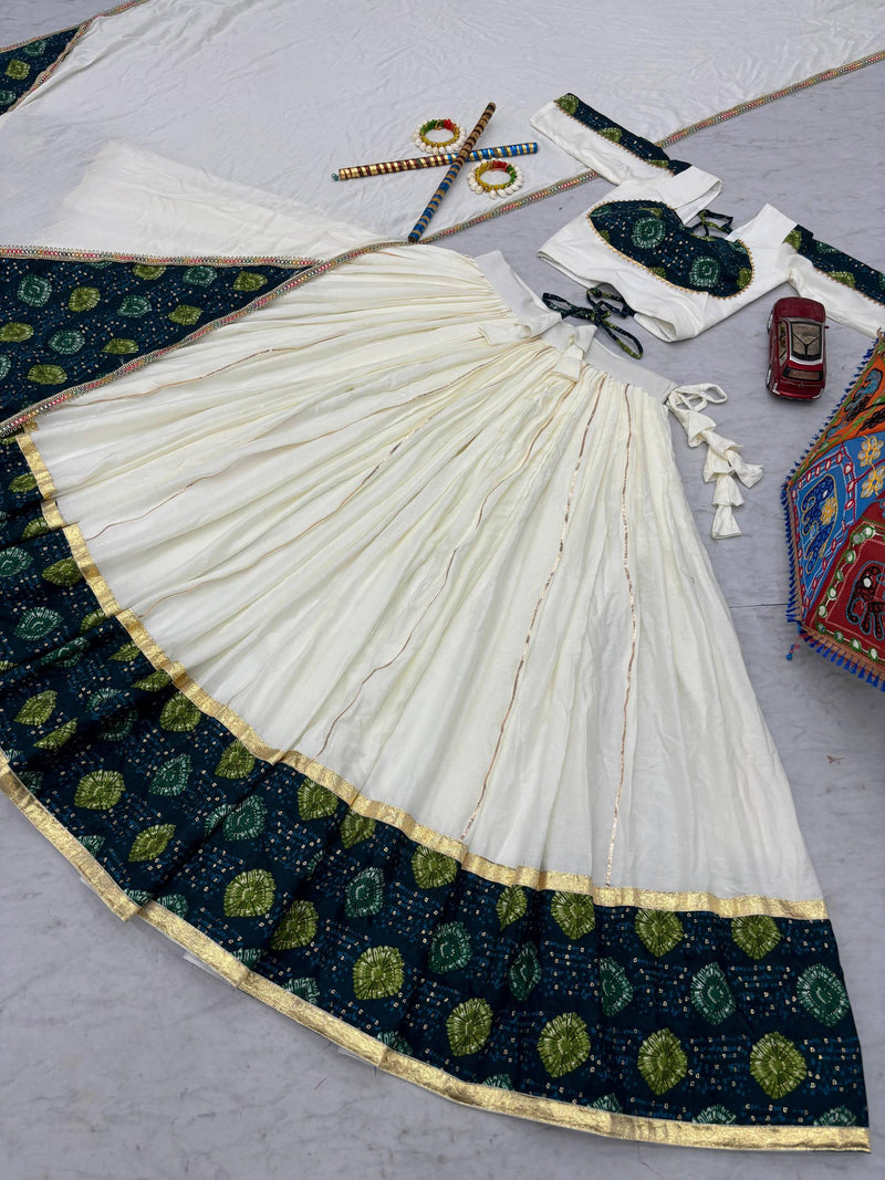 White Color Trendy Navratri Rayon Cotton Ready to Wear Lehenga