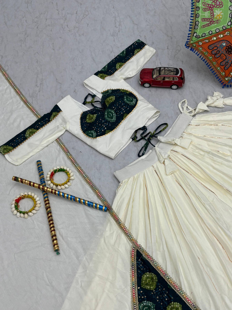 White Color Trendy Navratri Rayon Cotton Ready to Wear Lehenga