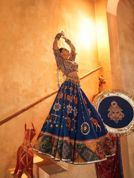 Blue Color Hit Navratri Designer Mirror Work Printed Chaniya Choli