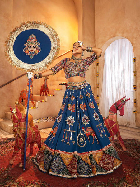 Blue Color Hit Navratri Designer Mirror Work Printed Chaniya Choli