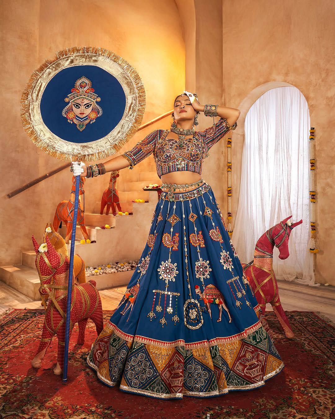 Blue Color Hit Navratri Designer Mirror Work Printed Chaniya Choli