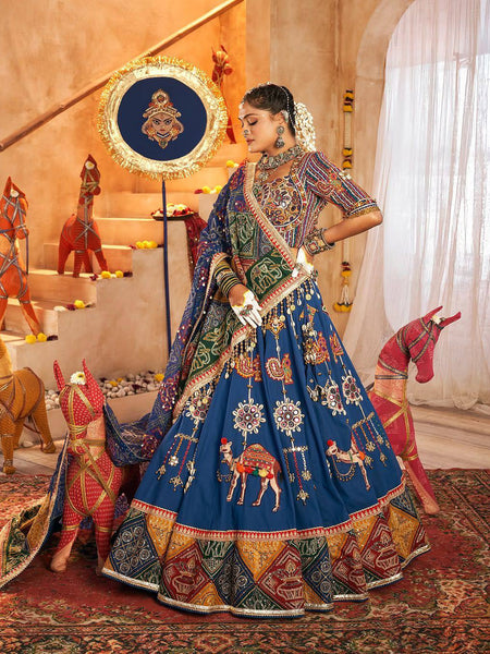 Blue Color Hit Navratri Designer Mirror Work Printed Chaniya Choli