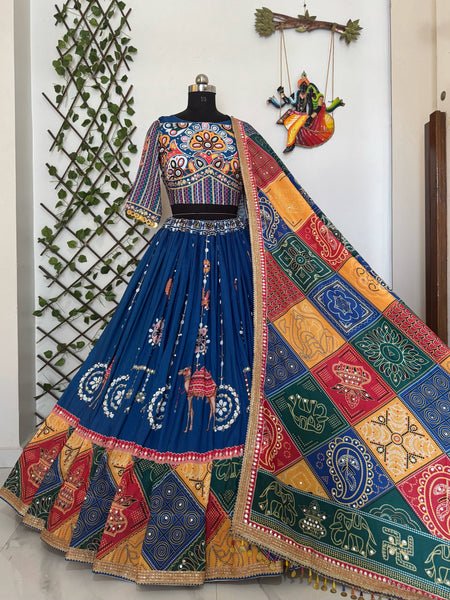 Blue Color Hit Navratri Designer Mirror Work Printed Chaniya Choli