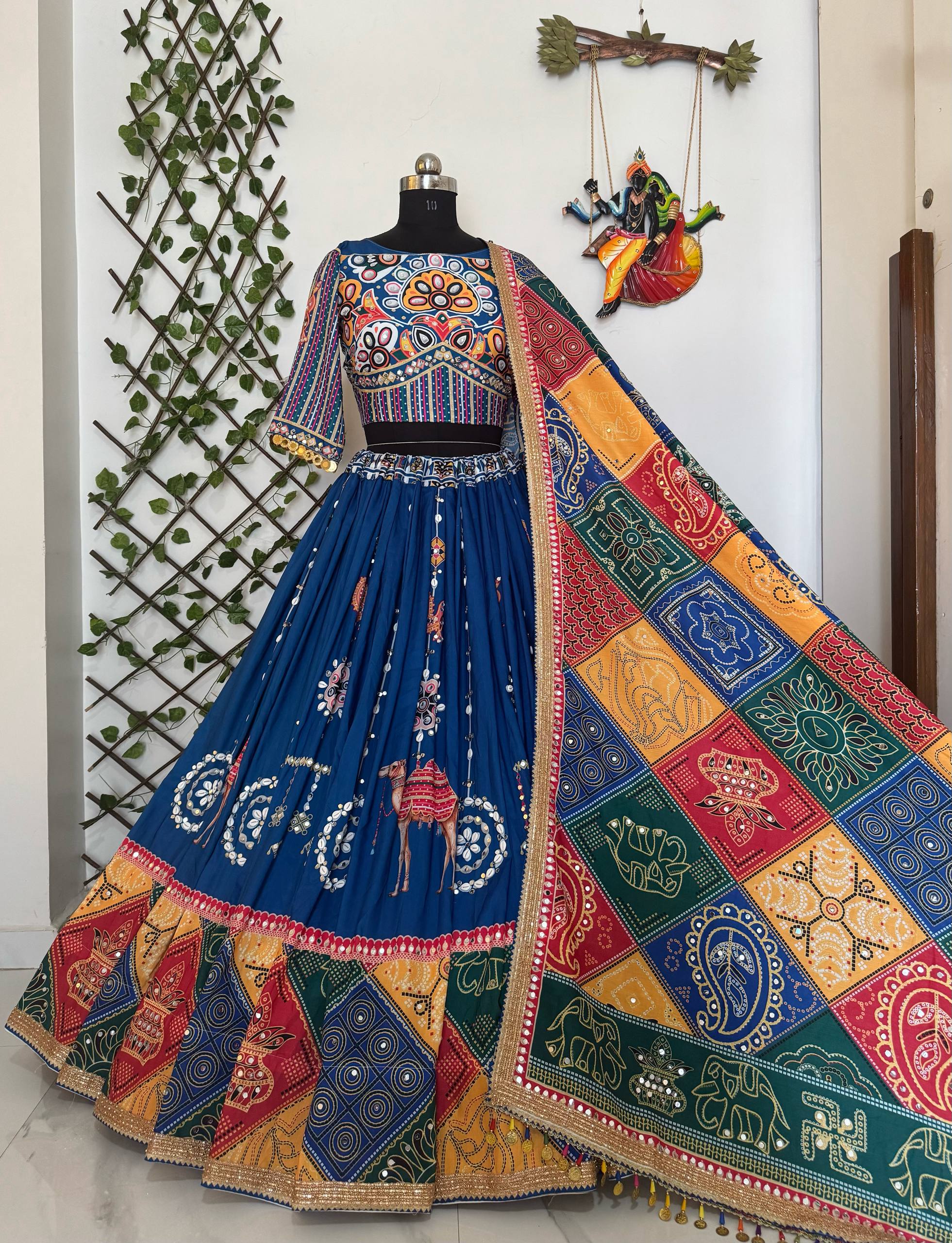 Blue Color Hit Navratri Designer Mirror Work Printed Chaniya Choli