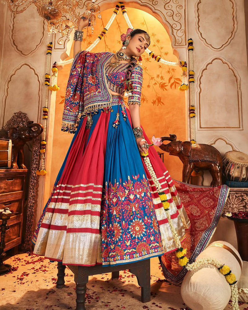 Blue and Red Color Digital Printed Mirror Work Navratri Lehenga Set
