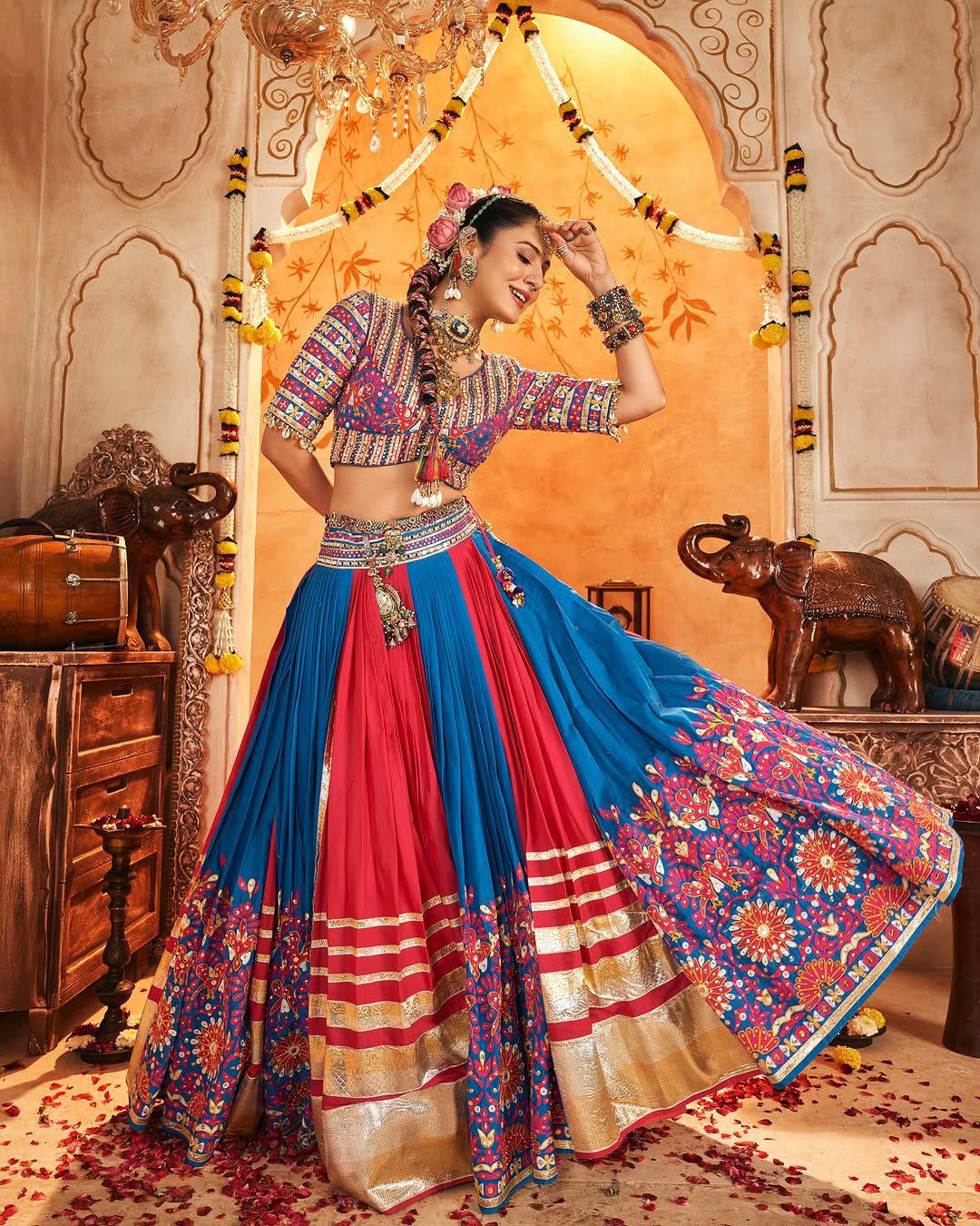 Blue and Red Color Digital Printed Mirror Work Navratri Lehenga Set