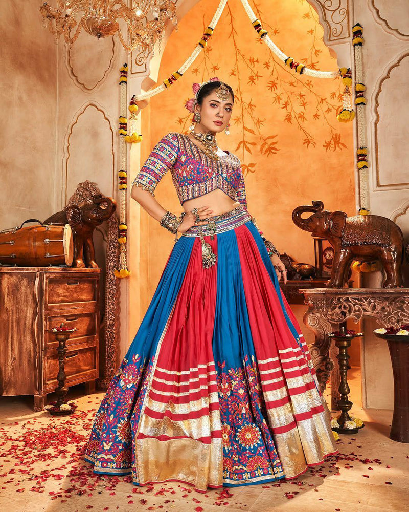 Blue and Red Color Digital Printed Mirror Work Navratri Lehenga Set