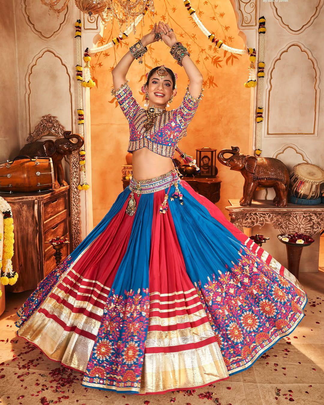 Blue and Red Color Digital Printed Mirror Work Navratri Lehenga Set
