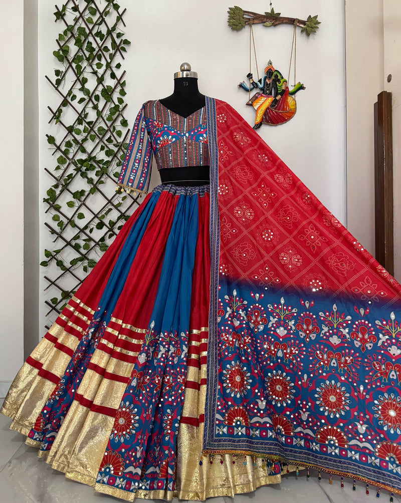 Blue and Red Color Digital Printed Mirror Work Navratri Lehenga Set