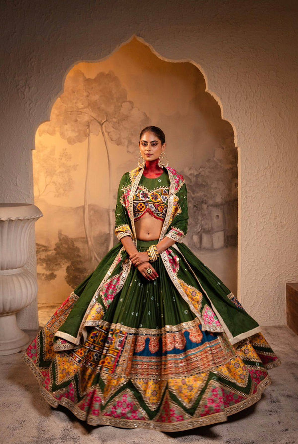 Green Color Navratri Designer Digital Printed Mirror Work Lehenga Set