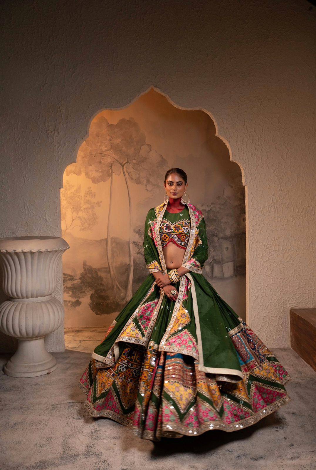 Green Color Navratri Designer Digital Printed Mirror Work Lehenga Set