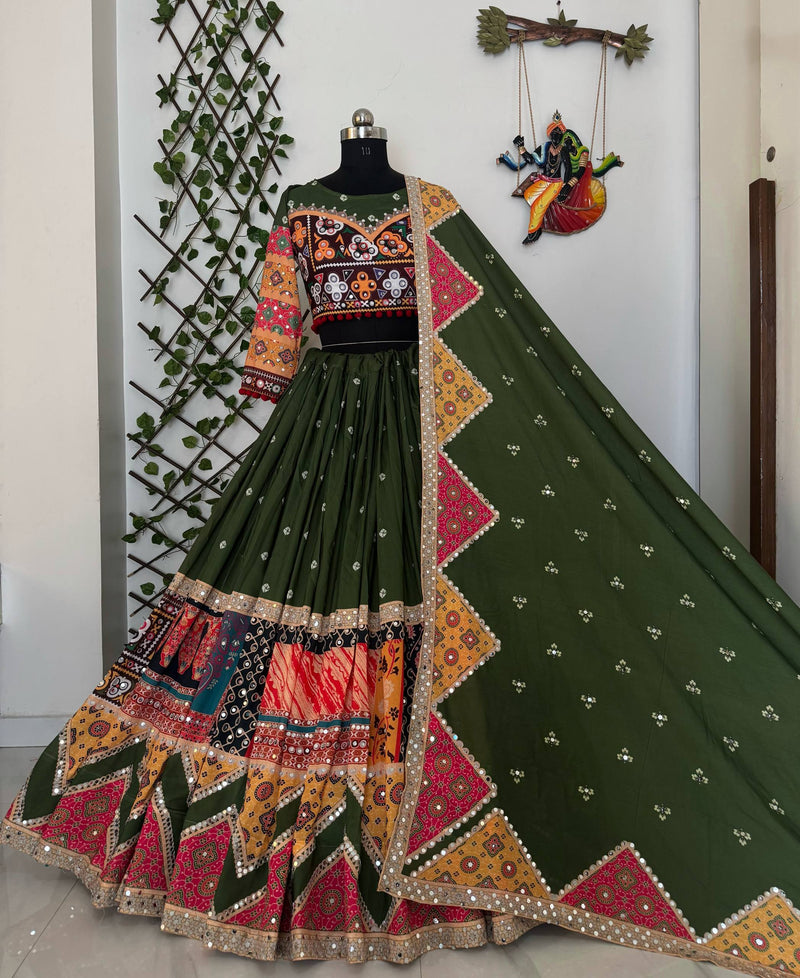 Green Color Navratri Designer Digital Printed Mirror Work Lehenga Set
