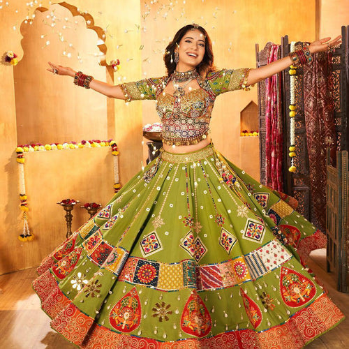 Green Color Digital Printed Mirror Work Navratri Lehenga Choli