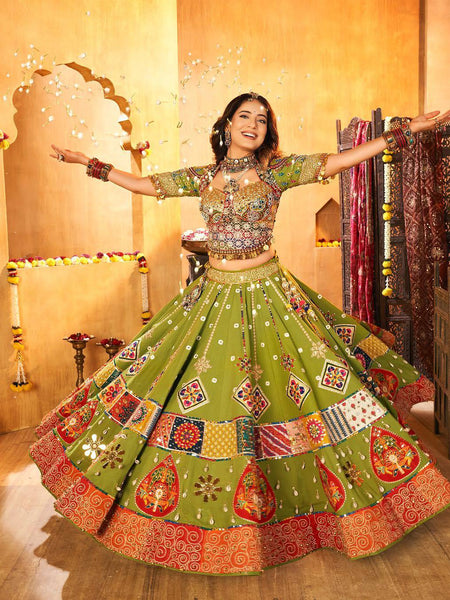 Green Color Digital Printed Mirror Work Navratri Lehenga Choli