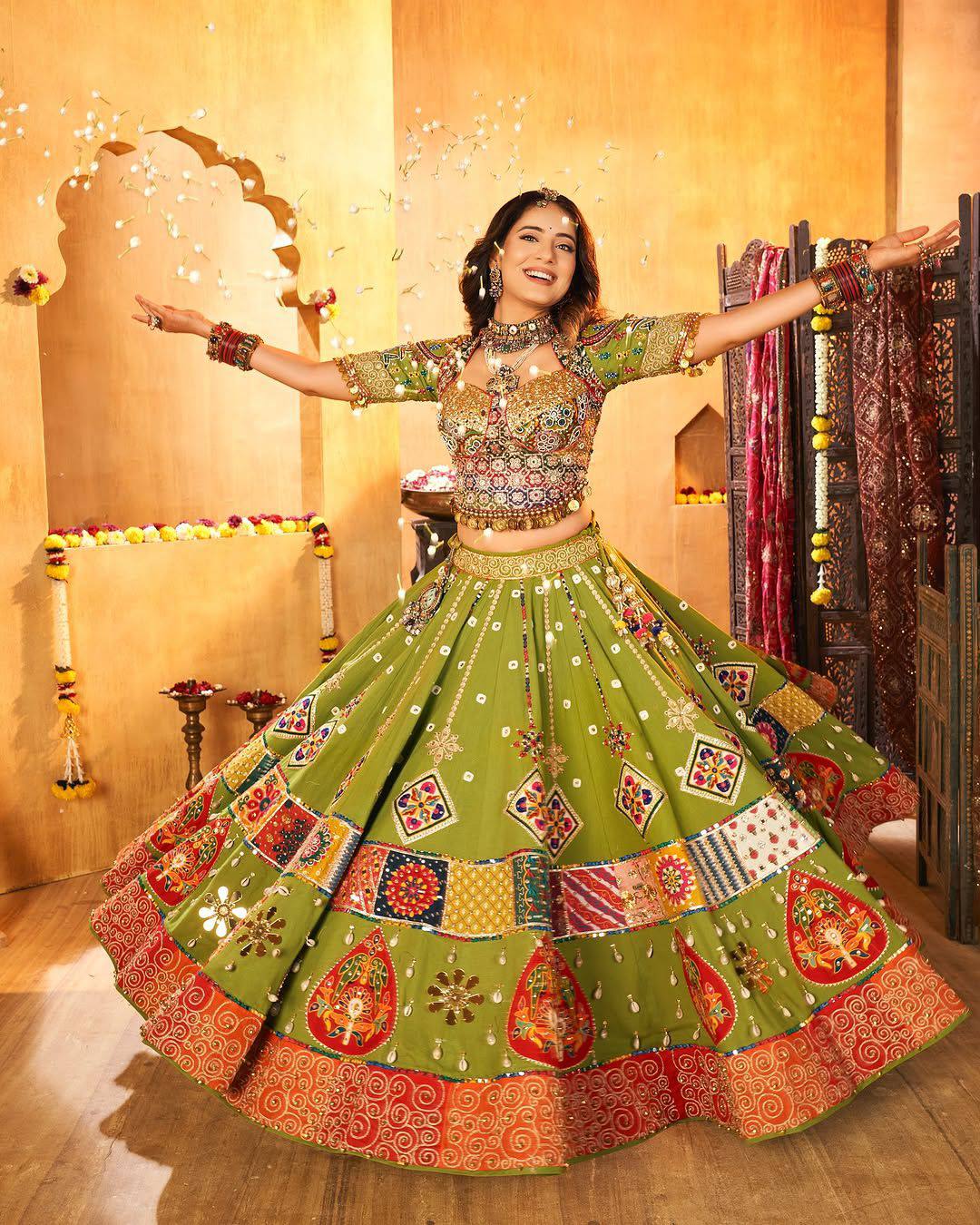 Green Color Digital Printed Mirror Work Navratri Lehenga Choli