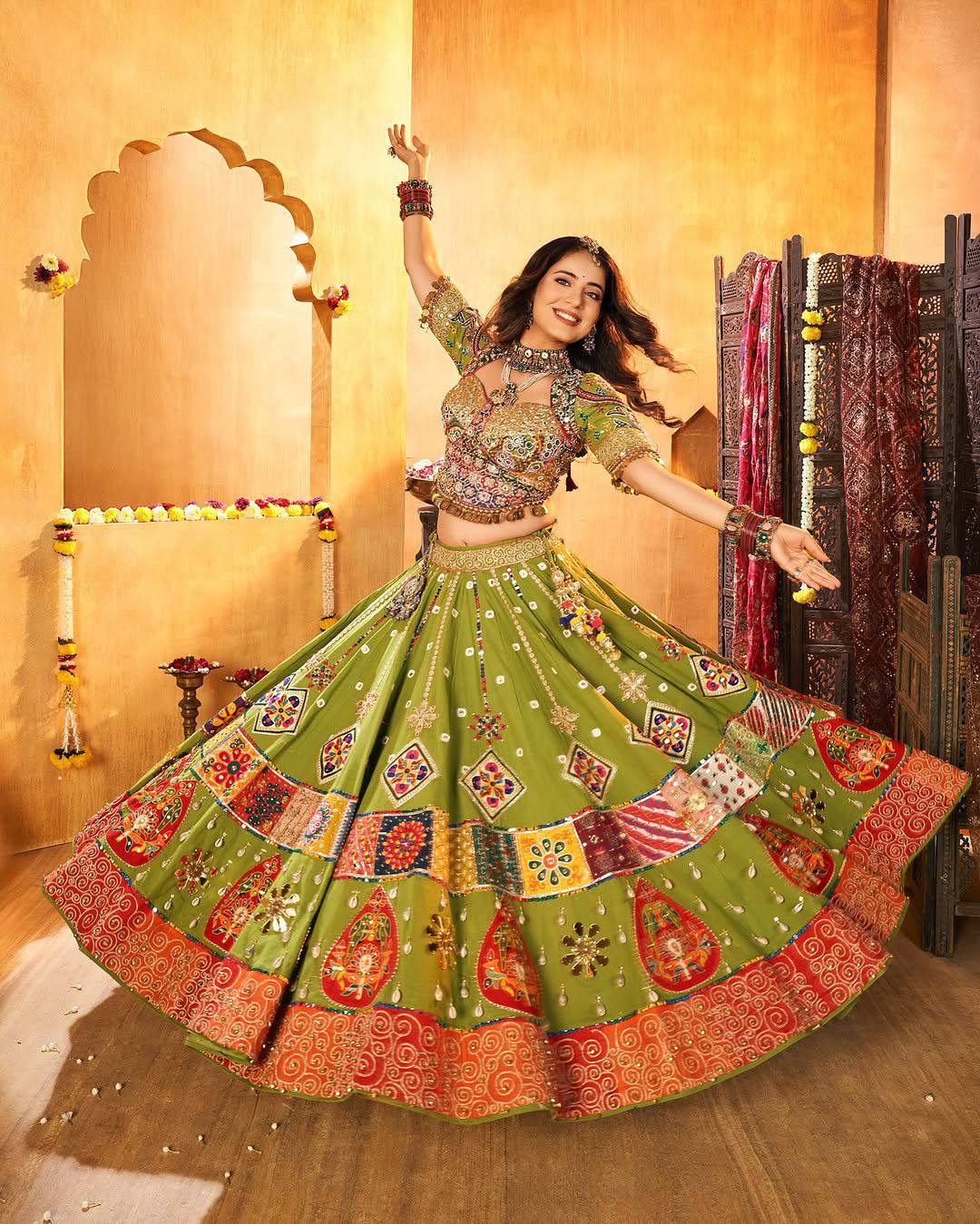 Green Color Digital Printed Mirror Work Navratri Lehenga Choli