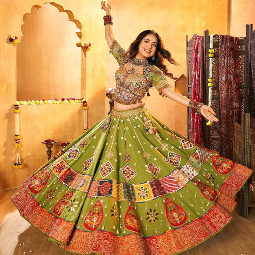 Green Color Digital Printed Mirror Work Navratri Lehenga Choli
