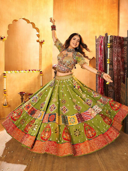 Green Color Digital Printed Mirror Work Navratri Lehenga Choli
