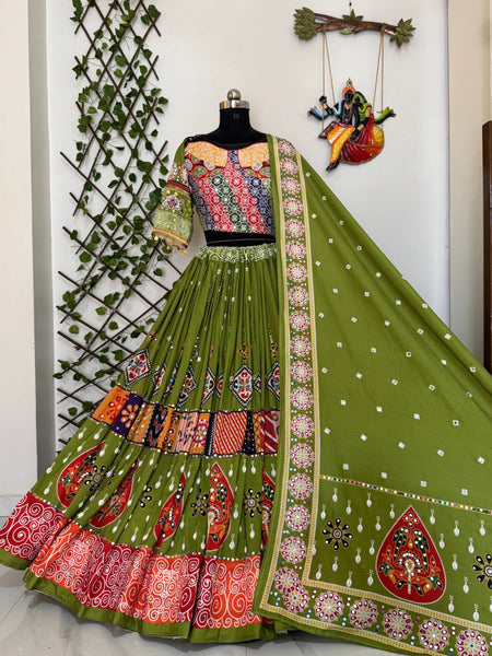 Green Color Digital Printed Mirror Work Navratri Lehenga Choli