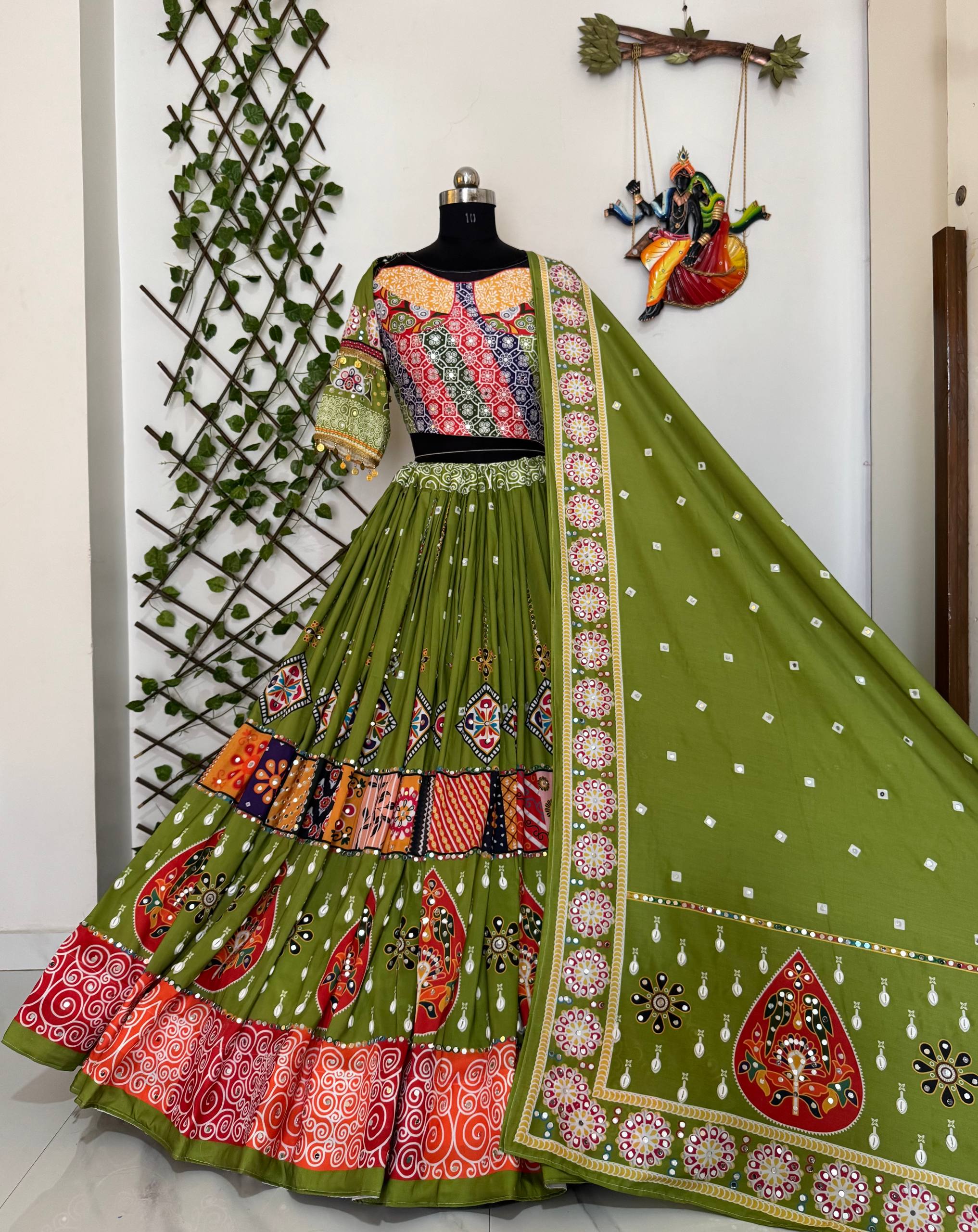 Green Color Digital Printed Mirror Work Navratri Lehenga Choli
