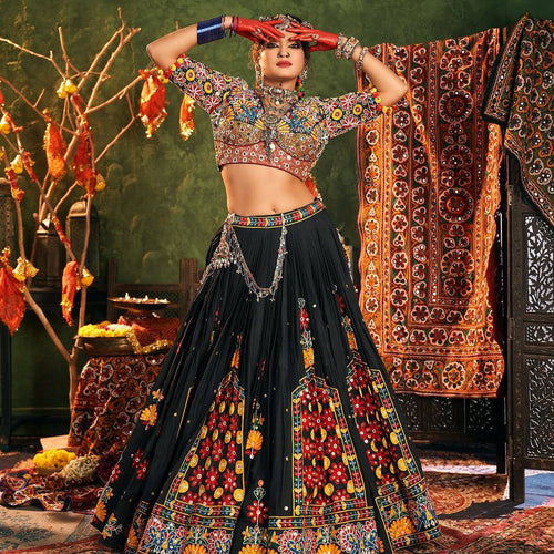 Black Color Digital Printed Mirror Work Navratri Lehenga Choli