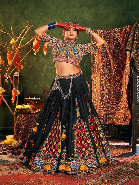 Black Color Digital Printed Mirror Work Navratri Lehenga Choli