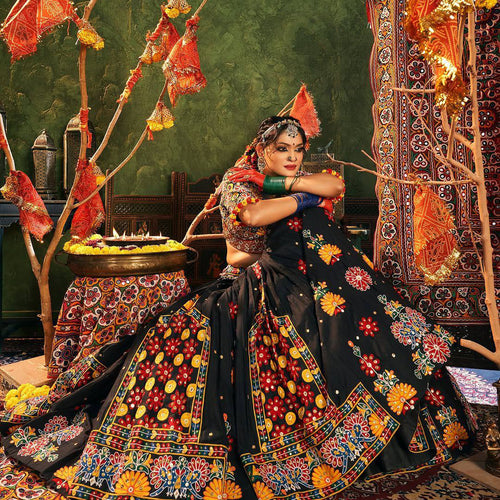 Black Color Digital Printed Mirror Work Navratri Lehenga Choli
