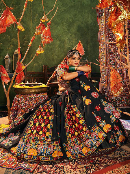 Black Color Digital Printed Mirror Work Navratri Lehenga Choli