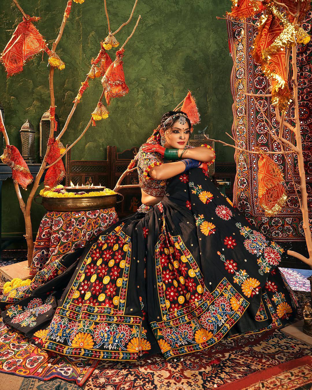 Black Color Digital Printed Mirror Work Navratri Lehenga Choli