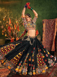 Black Color Digital Printed Mirror Work Navratri Lehenga Choli