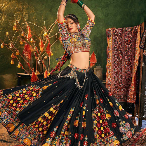 Black Color Digital Printed Mirror Work Navratri Lehenga Choli